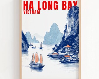 Ha Long Bay Vietnam-kunstafdruk | Vintage reisposter (digitale download)
