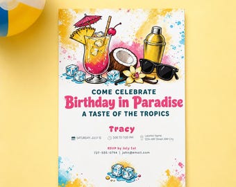 Tropical Birthday Invitation, Taste of Paradise, Editable Canva Template (Digital Download)