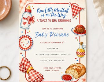 Meatball Invite Italian Baby Shower, Editable Canva Template, Gingham Print & Evite