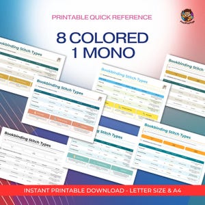 Puede incluir: Guía de referencia rápida imprimible con 8 tipos de puntadas de encuadernación en color y 1 en monocromo. La guía incluye información detallada sobre varios tipos de puntadas, presentadas en varias páginas. El texto "INSTANT PRINTABLE DOWNLOAD - LETTER SIZE & A4" también es visible.