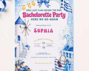Santorini Bach Party Invitation, Hen Weekend Getaway Template, Greek Island Editable Canva Evite