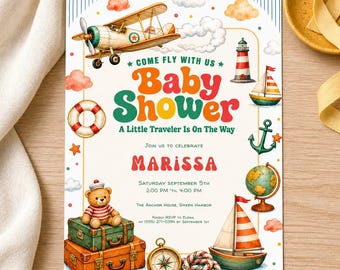 Little Traveler Baby Shower Invitation, Nautical Adventure Theme, Editable Template (Digital Download)