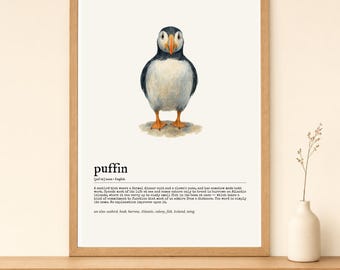 Puffin Dictionary Poster Print – Watercolor, Pencil Sketch, Ink & Wash and Vintage Botanical Art