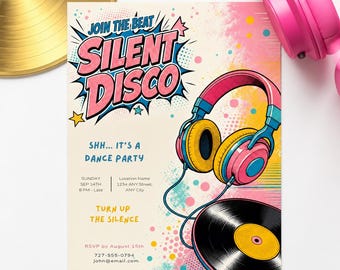 Silent Disco Invitation Template, Editable Dance Party Invite, Canva Template