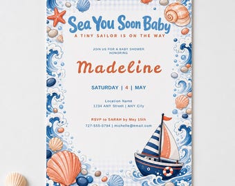 Sea You Soon Baby Shower Invitation, Nautical Baby Invite Editable Template, Anchor Sail Design
