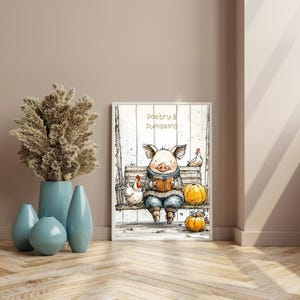 Póster de cerdito campestre / Arte acogedor de cerdito barrigón / Ilustración de cerdito adorable / Impresión de poesía y calabazas / Regalo para amantes de la granja / Descarga instantánea