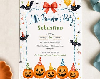 Little Pumpkin Halloween Birthday Invitation, Editable Canva Template (Digital Download)