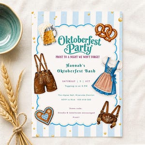 Peut inclure: Une carte d'invitation pour une fête de l'Oktoberfest avec un fond rayé bleu clair et blanc, illustrée d'une chope de bière, d'un bretzel, d'un biscuit en forme de cœur, d'une culotte de peau et d'un dirndl. Le texte indique Oktoberfest Party.