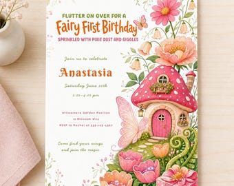Fairy First Birthday Invitation, Woodland Mushroom Cottage, Pixie Dust Party (Digital Download)