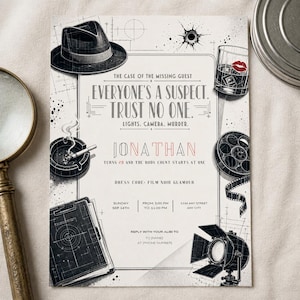 Invito di compleanno a tema giallo, modello Canva modificabile in stile film noir, invito stampabile per festa a tema detective, stampa e invia