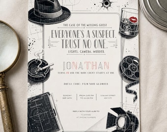 Murder Mystery Birthday Invitation, Film Noir Editable Canva Template, Printable Detective Party Invite, Print & Evite