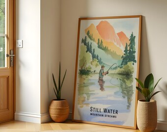 Aquarelprint vliegvissen | Muurkunst bergbeek | Visposter downloaden