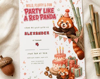Red Panda Birthday Invitation, Watercolor Kids Party Invite (Digital Download)