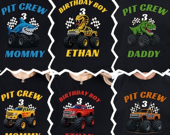 Camiseta personalizada de cumpleaños de Monster Truck para niño: Pit Crew Family Matching