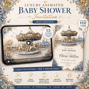 May include: A digital baby shower invitation bundle featuring a carousel graphic in blue and gold. The set includes a 15-second animated video displayed on a smartphone screen and a printable PDF card with text for Olivia Wilson on 20.10.2029.
