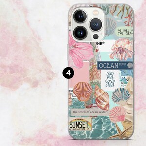 May include: Clear phone case with a collage design featuring seashells, a pink flower, and the text "OCEAN BLVD", "SUNSET ALOHA STATE", and "Stay Wild, ocean child". The case has a pink and blue color scheme.
