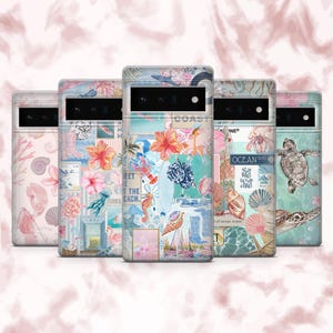 May include: Five phone cases with a coastal theme. Each case features a unique design with watercolour illustrations of seashells, seahorses, flowers, and turtles. The cases have a mix of pink, blue, and white colours.