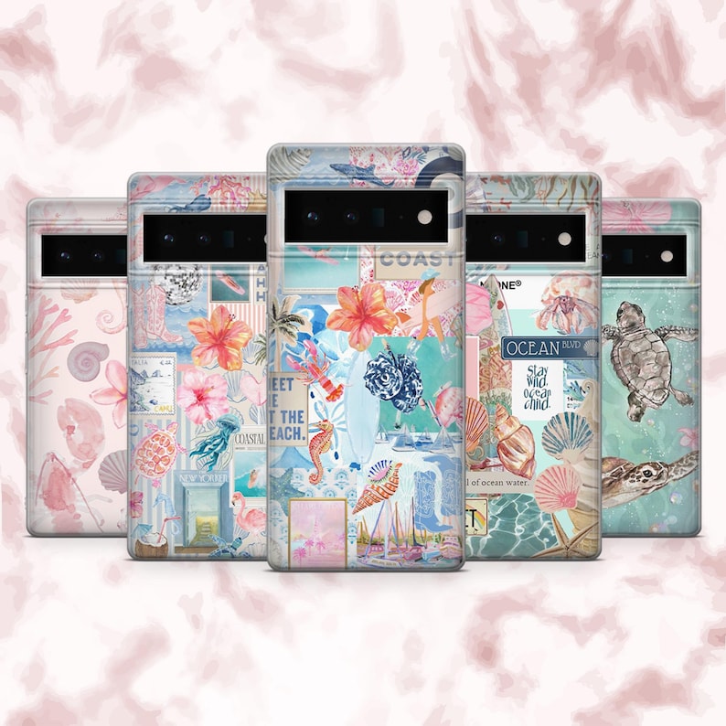 May include: Five phone cases with a coastal theme. Each case features a unique design with watercolor illustrations of seashells, seahorses, flowers, and turtles. The cases have a mix of pink, blue, and white colors.