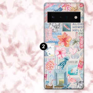 May include: A phone case featuring a collage of coastal and tropical imagery. The design includes pink cowboy boots, hibiscus flowers, a disco ball, and the words "Aloha Howdy Hello". The case has a light blue and white striped background.