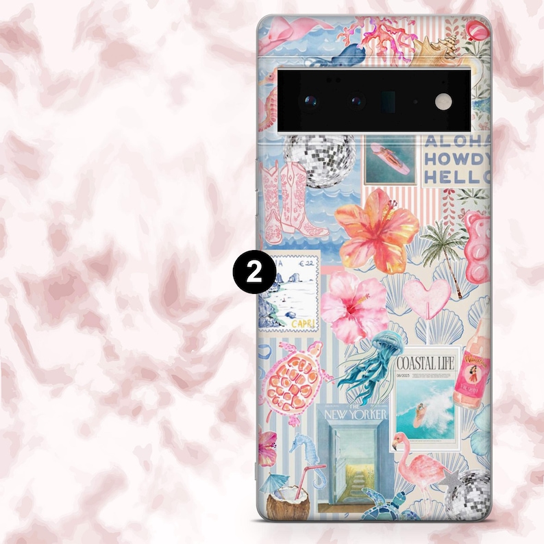 May include: A phone case featuring a collage of coastal and tropical imagery. The design includes pink cowboy boots, hibiscus flowers, a disco ball, and the words "Aloha Howdy Hello". The case has a light blue and white striped background.