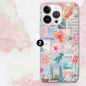May include: A clear phone case with a collage design featuring seashells, flowers, cowboy boots, and the text "Aloha Howdy Hello" and "Coastal Life". The case has a blue and pink color scheme.
