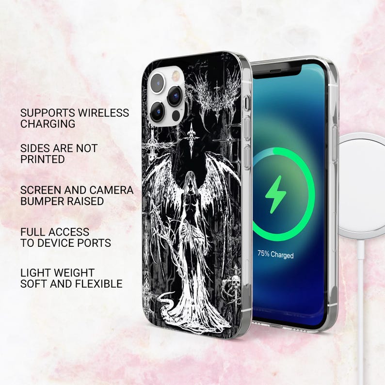 May include: Black and white phone case featuring a gothic angel design. The case has a raised screen and camera bumper, and supports wireless charging. The phone screen shows a charging symbol. The text on the case reads: "SUPPORTS WIRELESS CHARGING", "SIDES ARE NOT PRINTED", "SCREEN AND CAMERA BUMPER RAISED", "FULL ACCESS TO DEVICE PORTS", "LIGHT WEIGHT SOFT AND FLEXIBLE".