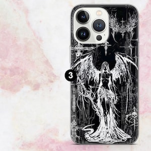 May include: Black and white phone case featuring a gothic angel design. The case has a clear border and a detailed illustration of an angel with large wings, a flowing gown, and a dark, textured background. The design includes gothic elements.