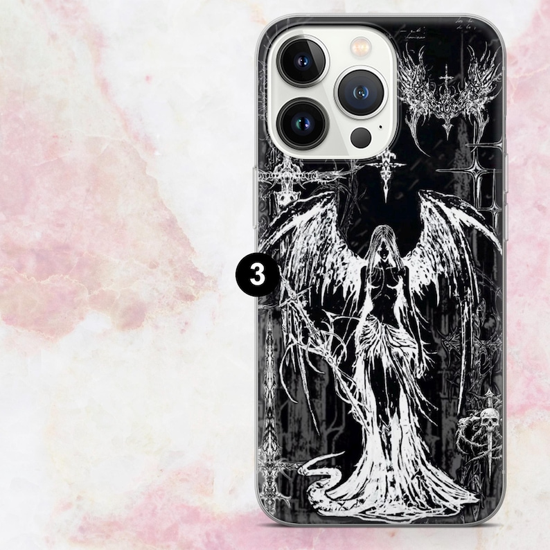 May include: Black and white phone case featuring a gothic angel design. The case has a clear border and a detailed illustration of an angel with large wings, a flowing gown, and a dark, textured background. The design includes gothic elements.
