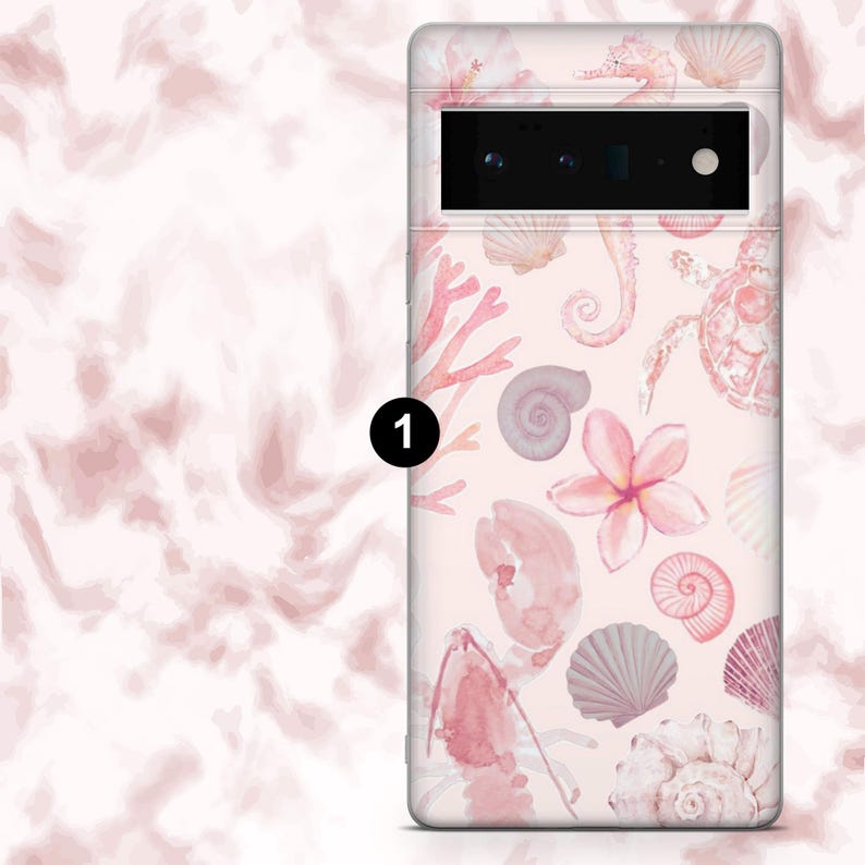 May include: A phone case featuring a watercolor design of seashells, coral, seahorses, and flowers in shades of pink and white. The case has a camera cutout and a smooth finish.