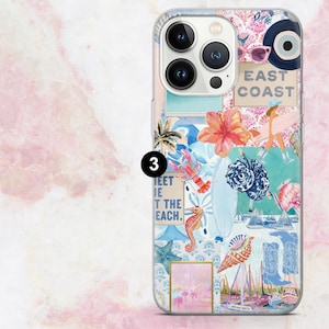 May include: Clear phone case with a collage design featuring beach-themed illustrations. The design includes a lobster, seahorse, sailboats, and the text "Meet the Beach" and "East Coast". The case has a pink and blue color scheme.