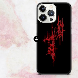 May include: Black phone case with a red abstract design. The case has a clear border and features a complex, spiky pattern in red against a black background. The number "4" is visible on the side of the case.