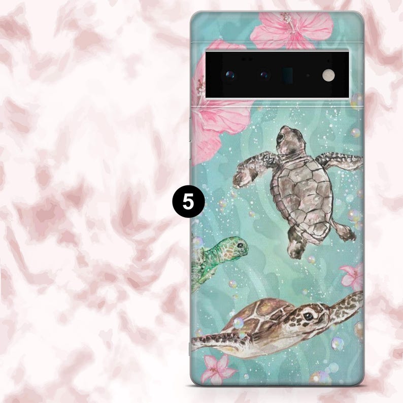 May include: A phone case featuring a watercolor design of sea turtles swimming in an ocean scene. The case has a teal background with pink hibiscus flowers and bubbles. The turtles are various shades of brown and green.
