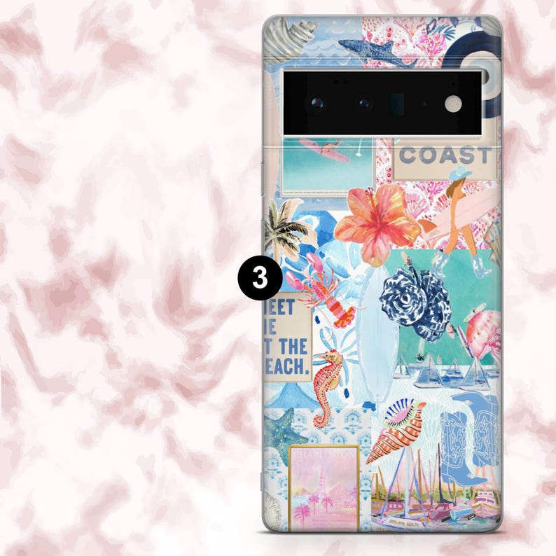 May include: A phone case with a collage of beach-themed illustrations. The design includes a lobster, seahorse, hibiscus flower, seashells, and sailboats. The text "Meet the beach" is also visible. The color palette features blues, pinks, and white.