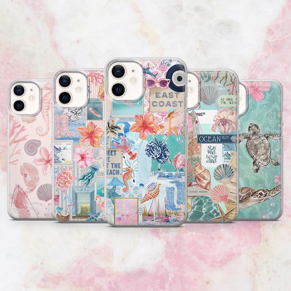 Beachy Phone Case Coastal Preppy Seashell Cover for iPhone 16, 15, 14, 13, 12 Samsung S25, S24, A56, A16 Pixel 9A, Pro XL, 8A, 8Pro