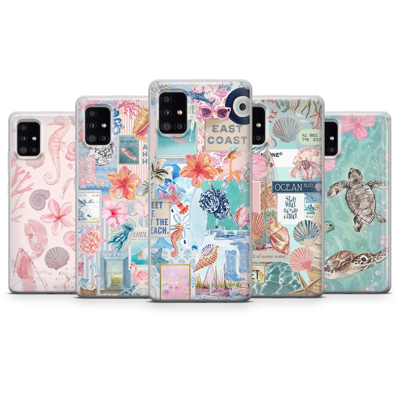 May include: A collection of five phone cases with ocean-themed designs. The cases feature images of seashells, seahorses, turtles, flowers, and the text "EAST COAST" and "OCEAN". The cases are in shades of pink, blue, and white.