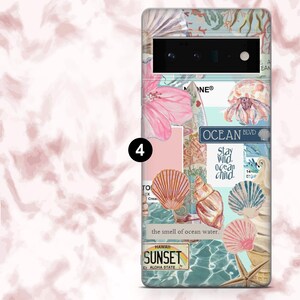 May include: A phone case featuring a collage of ocean-themed images. The design includes seashells, a starfish, and the text "OCEAN BLVD" and "SUNSET". The color palette is primarily pastel pink, blue, and beige.
