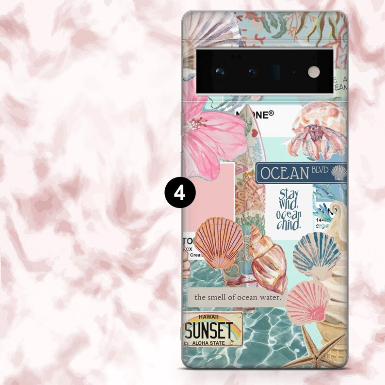 May include: A phone case featuring a collage of ocean-themed images. The design includes seashells, a starfish, and the text "OCEAN BLVD" and "SUNSET". The color palette is primarily pastel pink, blue, and beige.