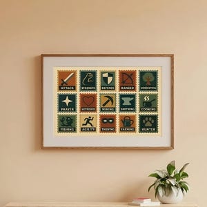 RuneScape Stempel Art Print – Retro Gaming Wandkunst, OSRS Fähigkeiten Poster, Fantasy Dekor, Videospiel Sammlerstück, A4, A3 Querformat