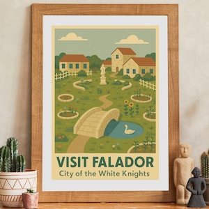 Póster de Falador RuneScape / Impresión de viaje OSRS / Arte mural de videojuegos retro / Decoración de ciudad de fantasía / Impresión artística de Falador de los Caballeros Blancos