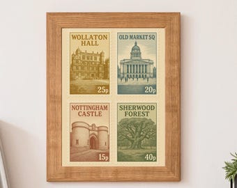 Nottingham Landmarks Art Print: Vintage Stamp Style, UK Travel Poster