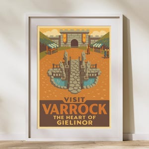 Póster de viaje vintage de Varrock: impresión artística inspirada en RuneScape de la vieja escuela / Decoración de pared de videojuegos retro / Regalo para fans de OSRS