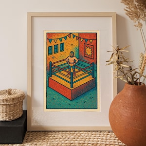 Luchador Art Print – Retro Wrestler WWE Poster – Wandkunst, bunte Illustration für Spielzimmer oder Studio, A4, A3 Druck