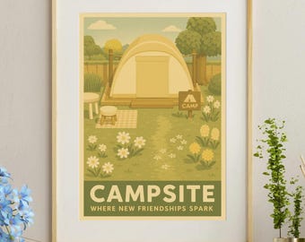 Animal Crossing Campsite Poster: Vintage Travel Print