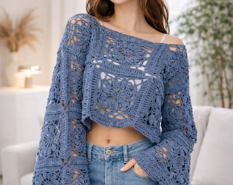 Crochet Mesh Sweater Pattern PDF, Striped Crochet Crop Top Pattern, Open Stitch Summer Crochet Sweater, Made to Measure Crochet Pullover Top