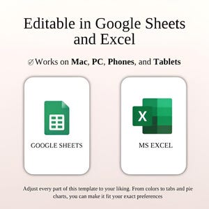 以下が含まれることがあります： 画像には、「Editable in Google Sheets and Excel」というテキストと、Google SheetsとMS Excelのアイコンが表示されています。「Works on Mac, PC, Phones, and Tablets」というテキストも表示されています。画像には「Adjust every part of this template to your liking」というテキストも含まれています。