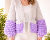 Chunky Crochet Cardigan Pattern PDF, Bobble Stitch Balloon Sleeve Sweater, Beginner Women Oversized Winter Cardigan Crochet Digital Download