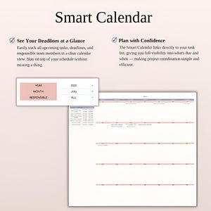 以下が含まれることがあります： 上部に「Smart Calendar」というタイトルのデジタルスマートカレンダーインターフェース。インターフェースは、テキストとポップアップメニューを備えたカレンダービューを表示します。テキストには「See Your Deadlines at a Glance」と「Plan with Confidence」が含まれています。