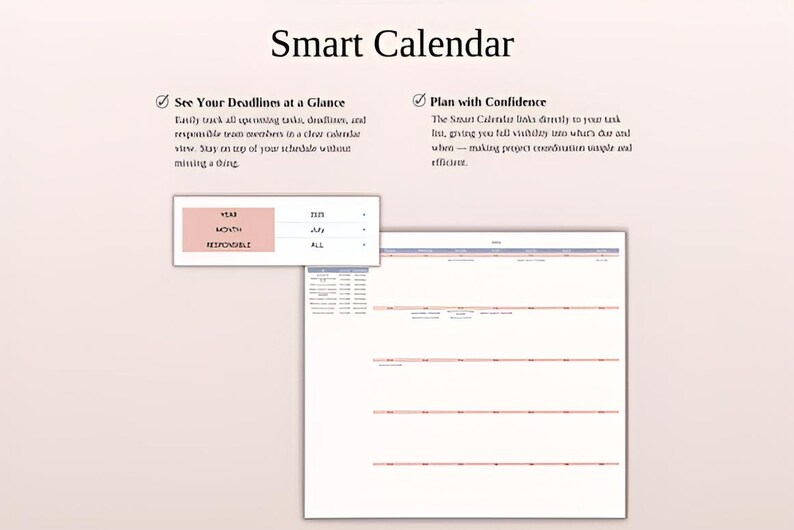 以下が含まれることがあります： 上部に「Smart Calendar」というタイトルのデジタルスマートカレンダーインターフェース。インターフェースは、テキストとポップアップメニューを備えたカレンダービューを表示します。テキストには「See Your Deadlines at a Glance」と「Plan with Confidence」が含まれています。