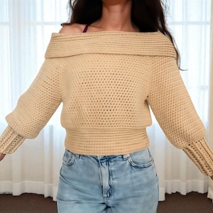 Sultry Shoulder Crochet Sweater, Crochet Stylish Shirt Easy crochet sweater pattern, Modern pullover pattern Balloon sleeves Oversized Shirt