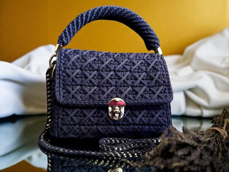 May include: A navy blue handbag with a woven pattern and a matching braided handle. The bag features a silver clasp with a red accent and a silver chain strap. The bag is sitting on a reflective surface.